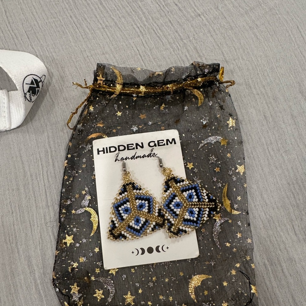 Blue and Gold Beaded Earrings
